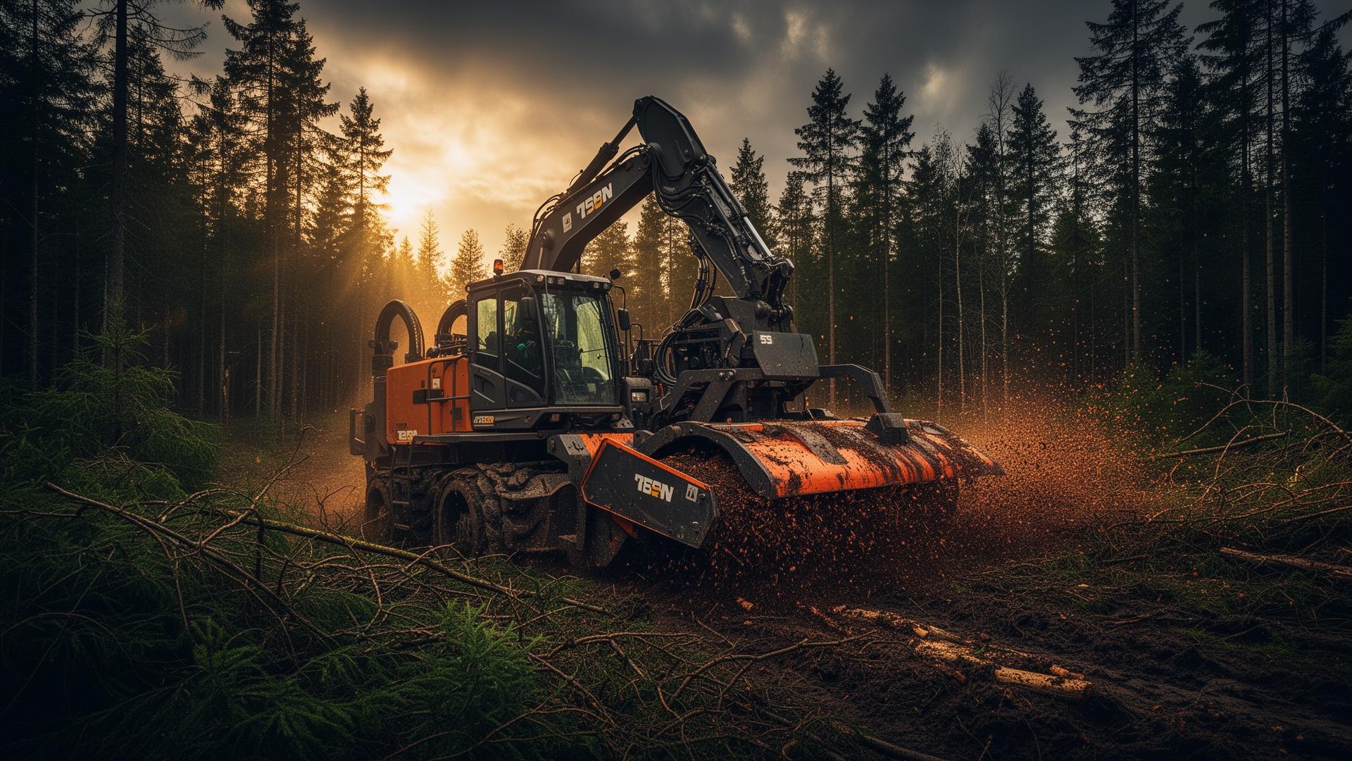 Forestry mulcher clearing dense Oregon forest at sunset